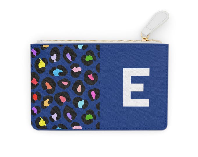 Initial E Mini Clutch | Blue Leopard Rainbow Print Bag | Personalized Vegan Leather Pouch | Gift for Her | Stylish Travel Accessory