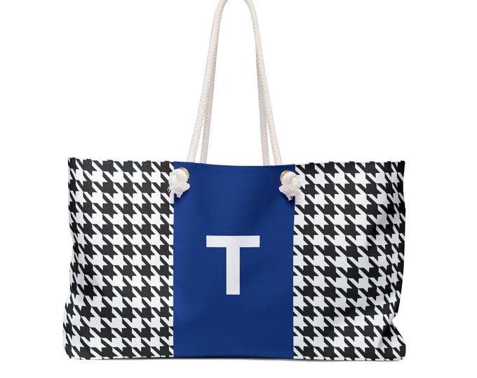 Custom Tote Bag | Houndstooth Black & White Personalized- Blue T Initial