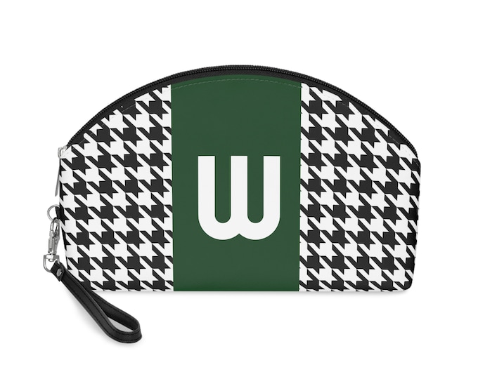 Forrest Green, Black, and White Houndstooth patterned Makeup Bag, Personalized with Initial W, Her Makeup bag, Initialized