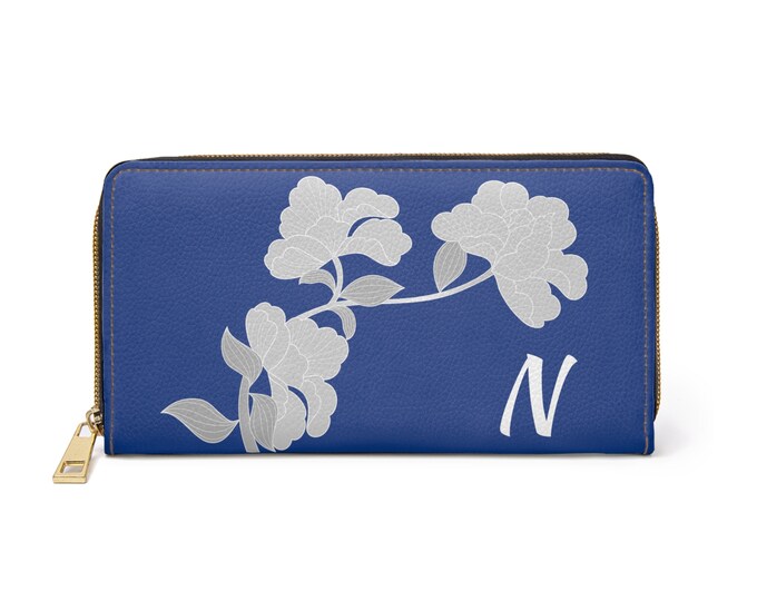 White and Blue Womens Floral Wallet, Personalized with Initial N, Zippered