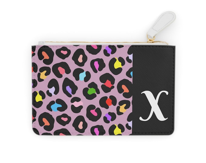 Rainbow Leopard Pattern Cardholder, Pink and Black with Initial X, Mini Clutch Bag