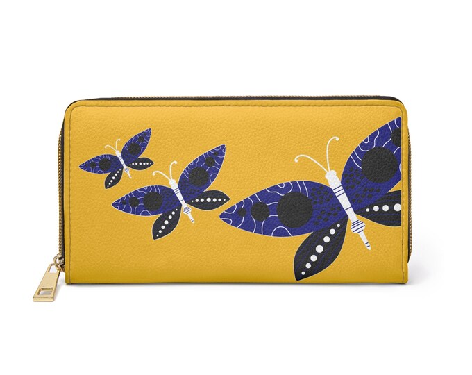Blue Pattern Butterflies Zipper Wallet | Yellow Leather-Effect Clutch