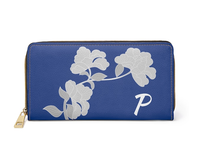 White and Blue Womens Floral Wallet, Personalized with your Initial, Zippered Wallet, Initial P