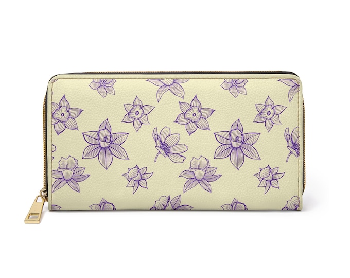 Purple Daffodil Floral Zipper Wallet | Lilac Flower Pattern Wallet