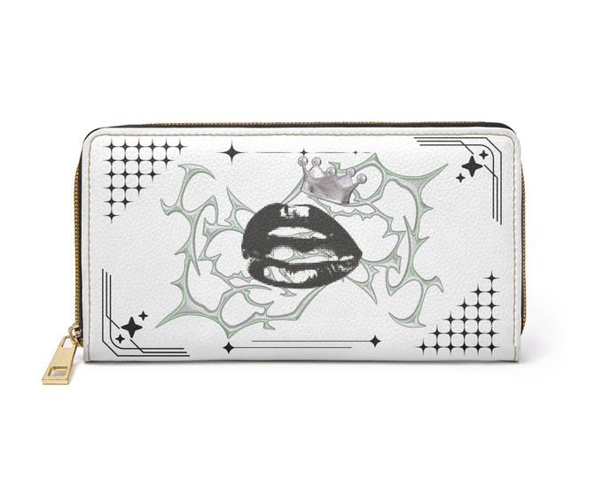 Crowned Lip Print Zipper Wallet | Gothic Rose Thorn Design