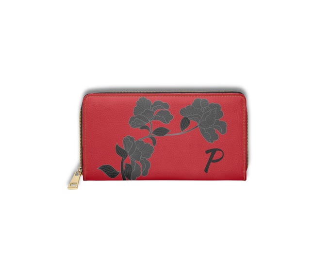Red & Black Floral Wallet for Women | Personalized Zippered Wallet with Initial P | Faux Leather Gift for Her | Elegant Monogram Purse