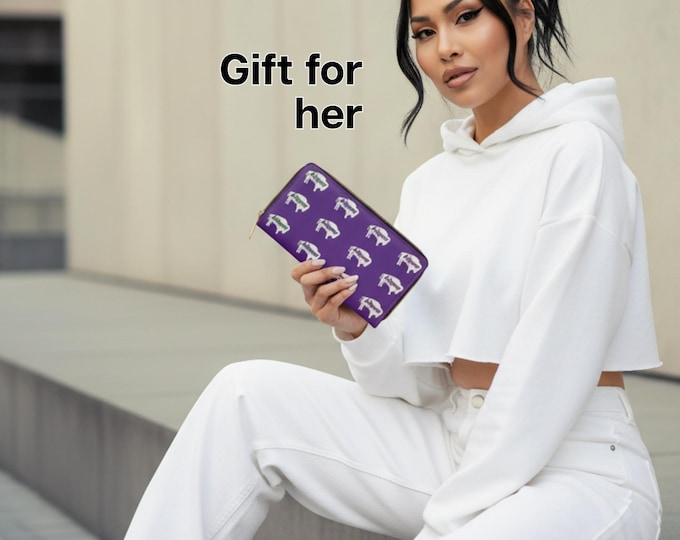 Large White Indigenous Bison aka Innii, Royal Berry Purple Zipper Wallet