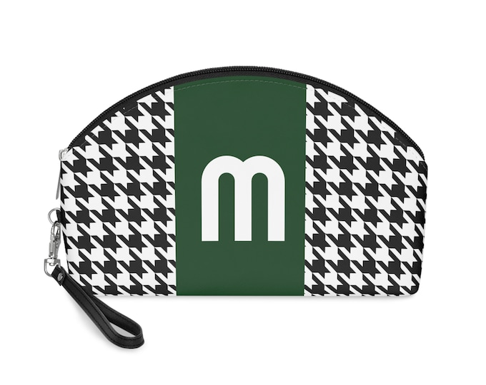 Forrest Green, Black, and White Houndstooth patterned Makeup Bag, Personalized with Initial M, Her Makeup bag, Initialized