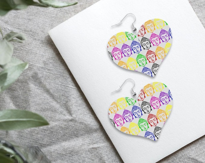 Rainbow Buddha Heart Earrings, White Faux Leather Statement Earrings, UV Printed, Lightweight & Hypoallergenic, Gift for Her