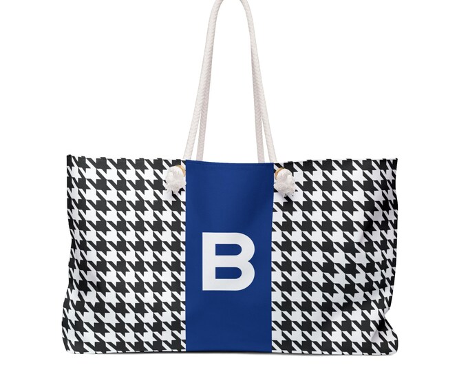 Houndstooth Black & White Weekender Tote | Blue B Initial | Personalized Women’s Handbag