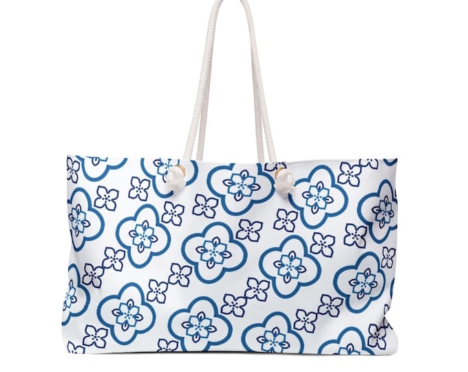 Blue Floral Pattern Weekender Bag | Nautical Rope Handles, Travel Tote
