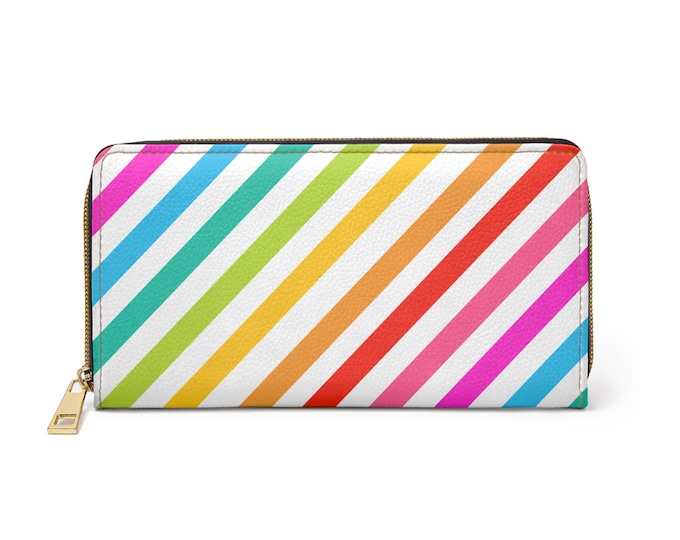 Rainbow Diagonal Striped White Zipper Wallet