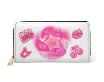 Y2K Pink Star Swirl-portemonnee met rits | Cherry Camera Butterfly Lip-pictogrammen