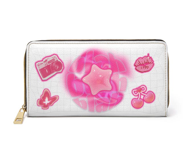 Y2K Pink Star Swirl Zipper Wallet | Cherry Camera Butterfly Lip Icons