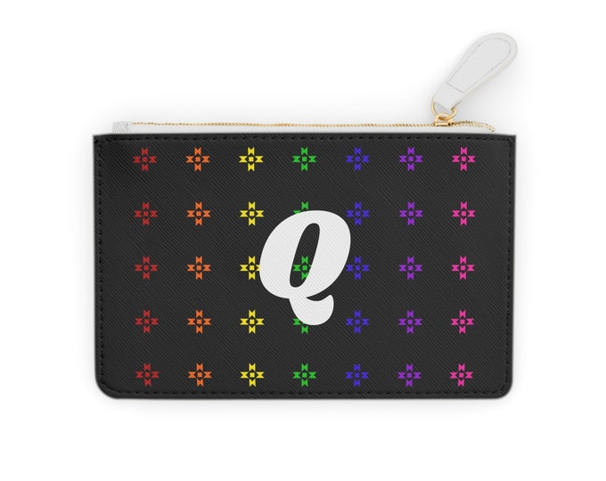 Rainbow Native Stars Mini Clutch, Personalized Cardholder, White Initial Q, Initialized