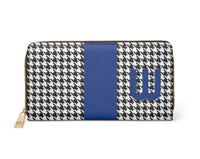 Houndstooth Black and White with Blue W Initialized Detail Womens Zippered Wallet