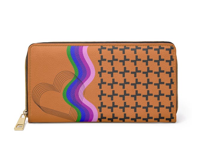 Retro Rainbow Hearts Zipper Wallet | Cross Pattern Leather Wallet