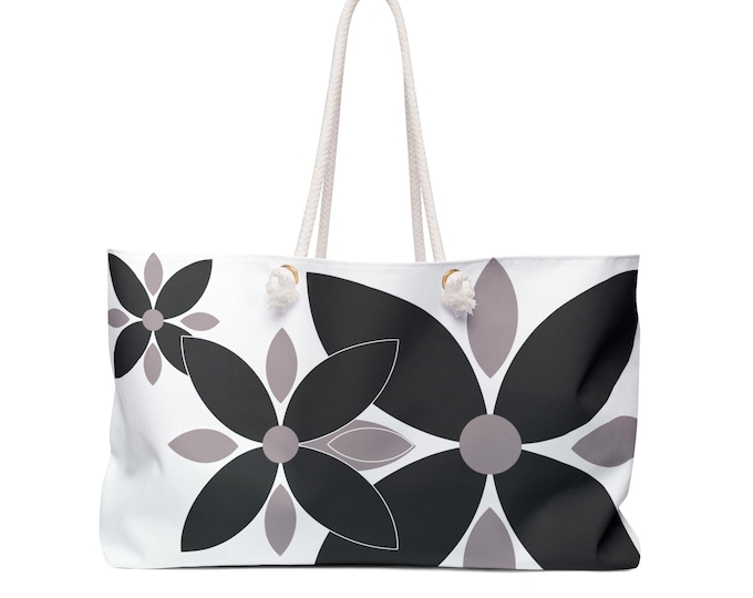 Monochrome Floral Pattern Weekender Bag | Black Gray Flower White Tote