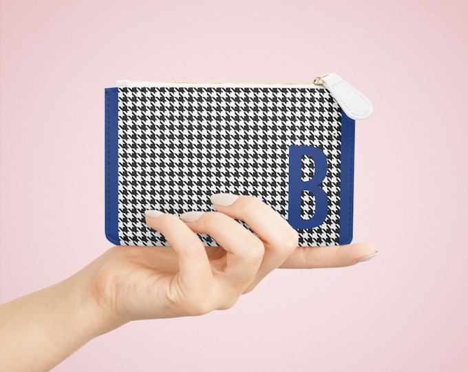 Houndstooth Blue Detail Initialized, B Initial, Personalized Mini Clutch Bag, Womens Zippered Card Holder