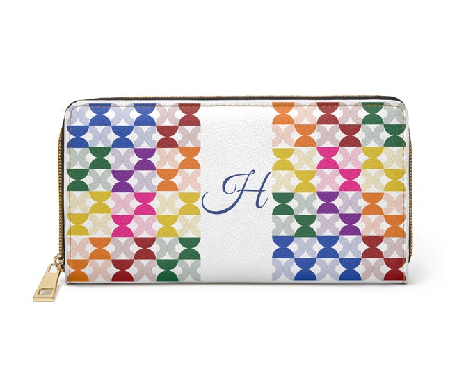 Personalized Womens Wallet, Rainbow Mid Century Modern, White with Initial H, Zippered Wallet