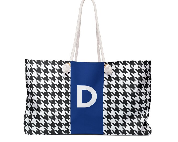 Houndstooth Black and White with Blue and Black D Initialized Detail Womens Weekender Tote Bag, Womens Bag, Womens Handbag