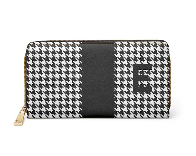 Houndstooth Black and White with Black, E Initialized Detail Womens Zippered Wallet