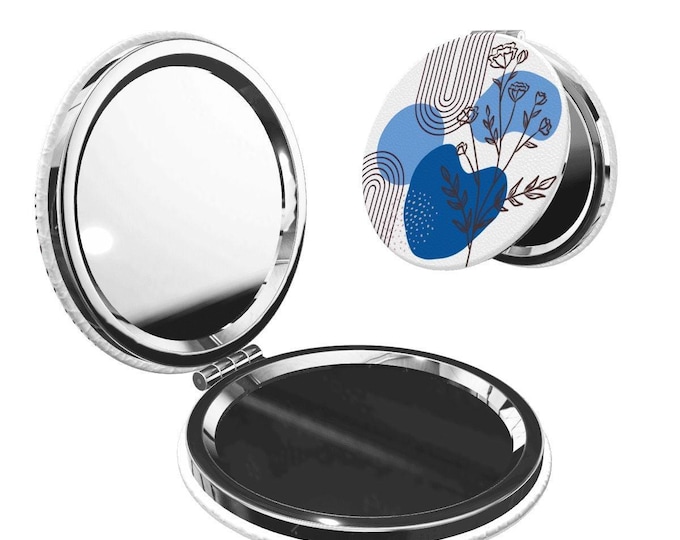 Blue and White Boho Design Round Shape Portable Pocket Compact Mirror