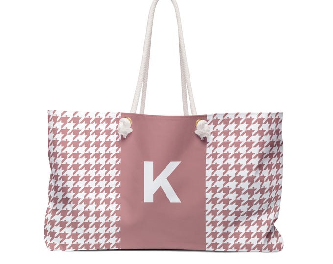 Houndstooth Featherlight Pinkwith White Initialized(Choose A-Z) Detail Womens Weekender Tote Bag, Personalized Bag, Initialized Handbag