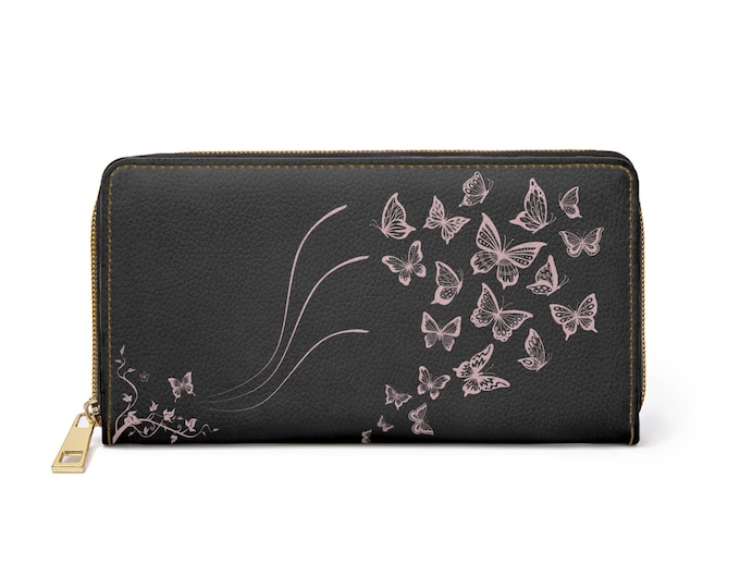 Pink Butterfly Swarm Zipper Wallet | Black Leather Look Wallet