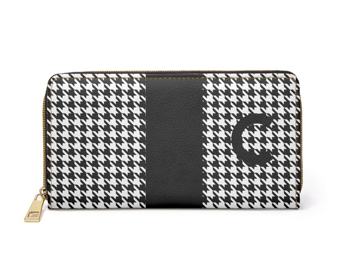 Personalized Houndstooth Wallet, Black & White Zippered Faux Leather Wallet with C Initial, Gift for Her, Iron Woman 80 Brand, Monogram