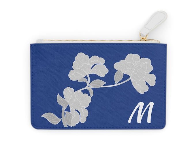 White and Blue Womens Floral Small Wallet, Personalized with your Initial, Zippered Cardholder, Initial M, Mini Clutch Bag