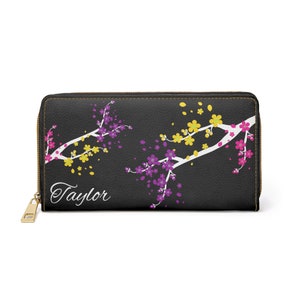 Personalized Women’s Wallet | Cherry Blossom Zippered Wallet | Custom Name Faux Leather Purse | Gift for Her | Floral Black Wallet