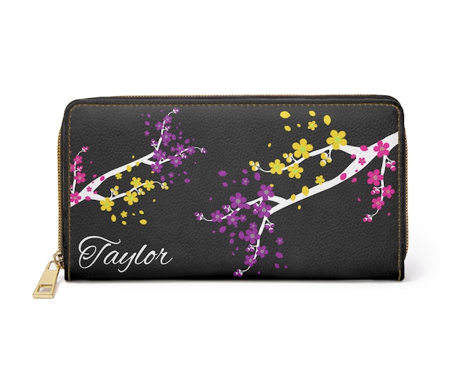 Personalized Women’s Wallet | Cherry Blossom Zippered Wallet | Custom Name Faux Leather Purse | Gift for Her | Floral Black Wallet