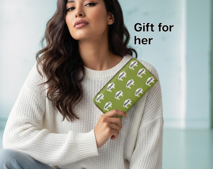 Large White Indigenous Bison aka Innii, Lime Zipper Wallet