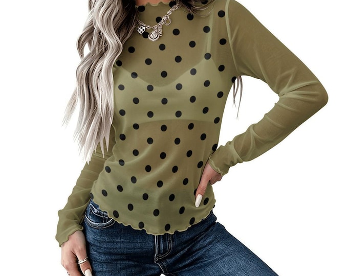 Moss Green Black Polka Dot High Neck Mesh Long Sleeve Top