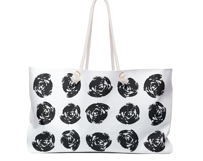 Handpainted Black Rose Pattern Weekender Tote Bag | Floral Travel Bab