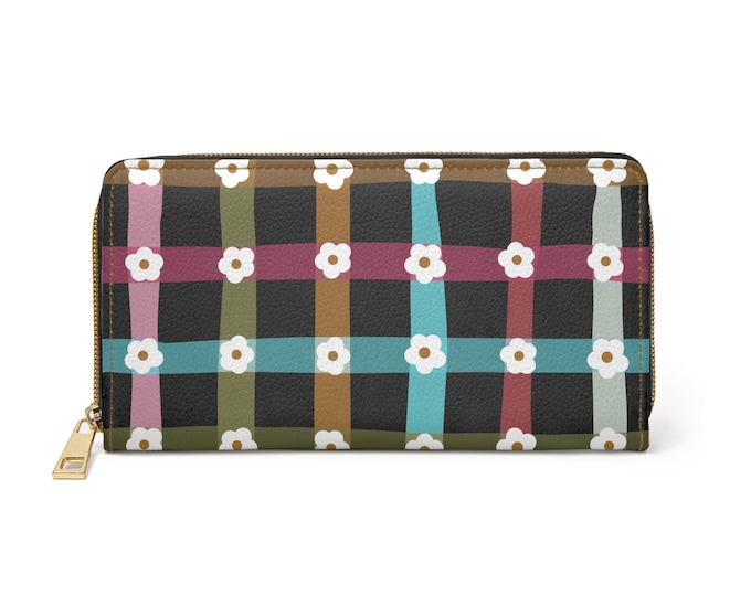 Retro Floral Plaid Zipper Wallet | Daisy Check Pattern