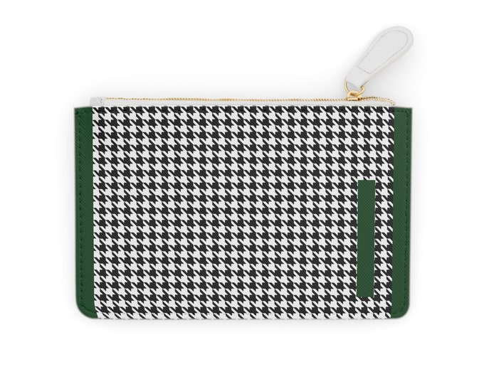 Houndstooth Forrest Green Detail Initialized, I Initial, Personalized Mini Clutch Bag, Womens Zippered Card Holder