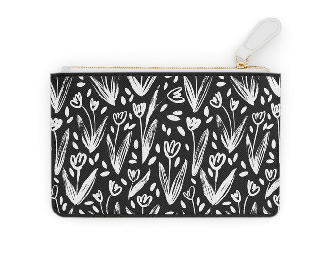 Hand-Drawn White Tulip Pattern Mini Clutch Bag | Black Floral Pouch