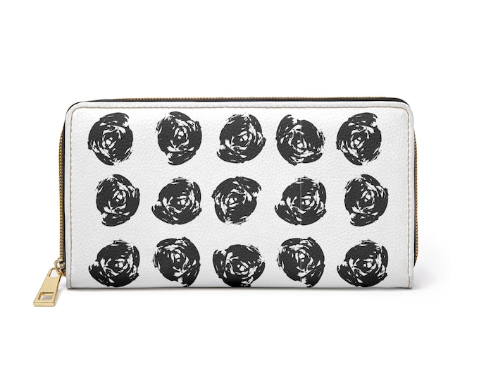 Hand-Drawn Black Rose Pattern White Zipper Wallet | Floral Monochrome
