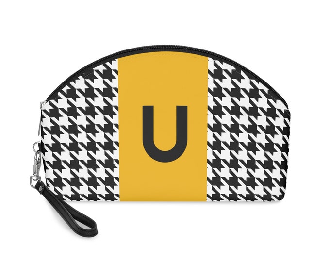 Marigold, Black, and White Houndstooth patterned Makeup Bag, Personalized with Initial U, Her Makeup bag, Initialized