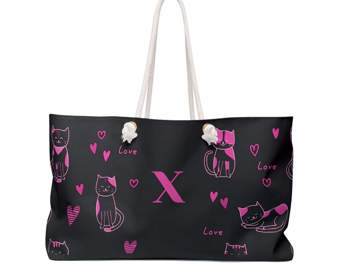 Pink Love Cats Black Tote, Personalized Bag, Women's Purse, Initial X, Weekender Bag