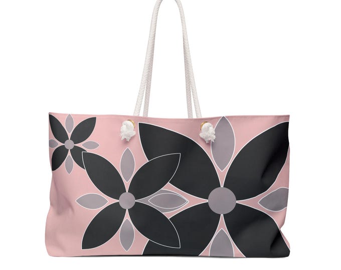 Black Floral Pattern Weekender Bag | Pink Background, Large Flower Tote