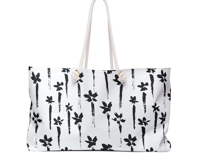 Black Brushstroke Floral Weekender Bag | Monochrome Palm Print Tote