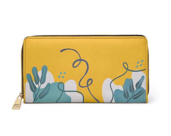 Yellow Abstract Floral Zipper Wallet | Botanical Line Art Wallet