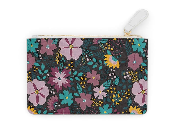 Dark Floral Pattern Mini Clutch Bag | Magenta Aqua Wildflowers