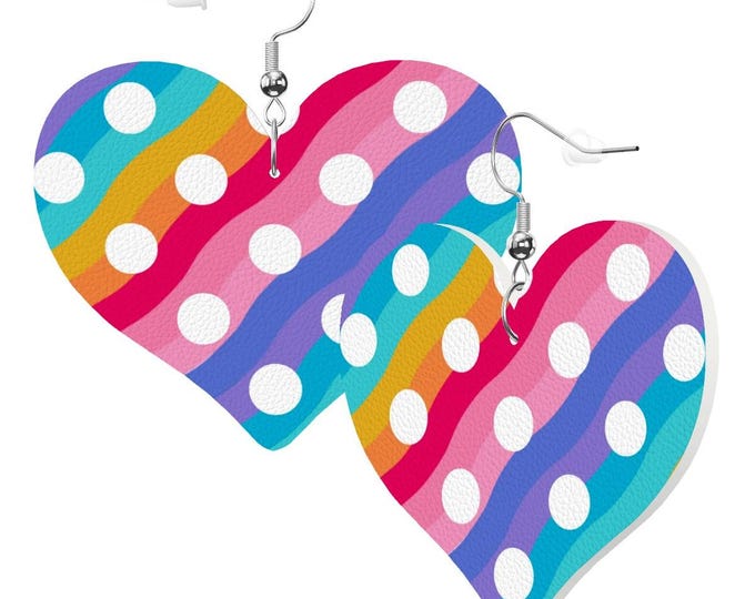 White Polka Dot Rainbow Heart Shape Leather Earrings