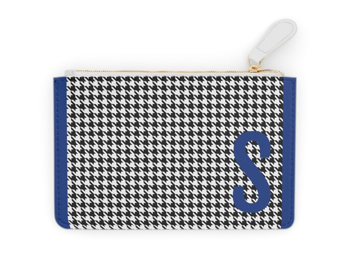 Houndstooth Blue Detail Initialized, S Initial, Personalized Mini Clutch Bag, Womens Zippered Card Holder