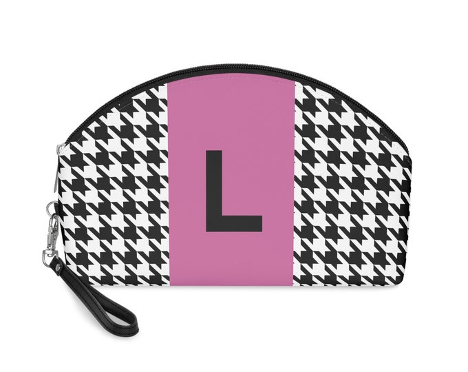 Pink, Black, and White Houndstooth patterned Makeup Bag, Personalized with Initial L, Her Makeup bag, Initialized