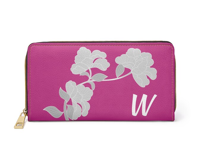 Magenta and White Womens Floral Wallet, Personalized with your Initial, Zippered Wallet, Initial W